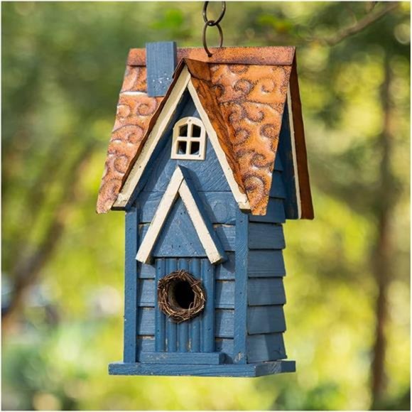 12" H Retro Blue Distressed Solid Wood Cottage Birdhouse Hanging Bird House